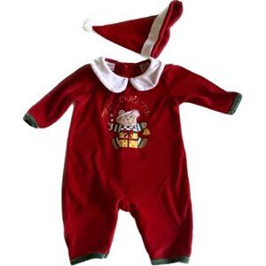 Kidfusion Christmas Holiday One-Piece Velour Bodysuit w/ Santa Hat - 18MO